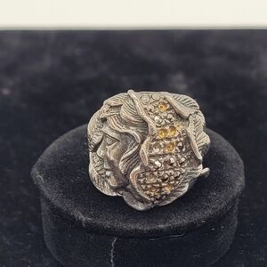 VINTAGE STERLING SILVER RETRO CARVED LADY FACE MARCASITE WIDE BAND RING …​​